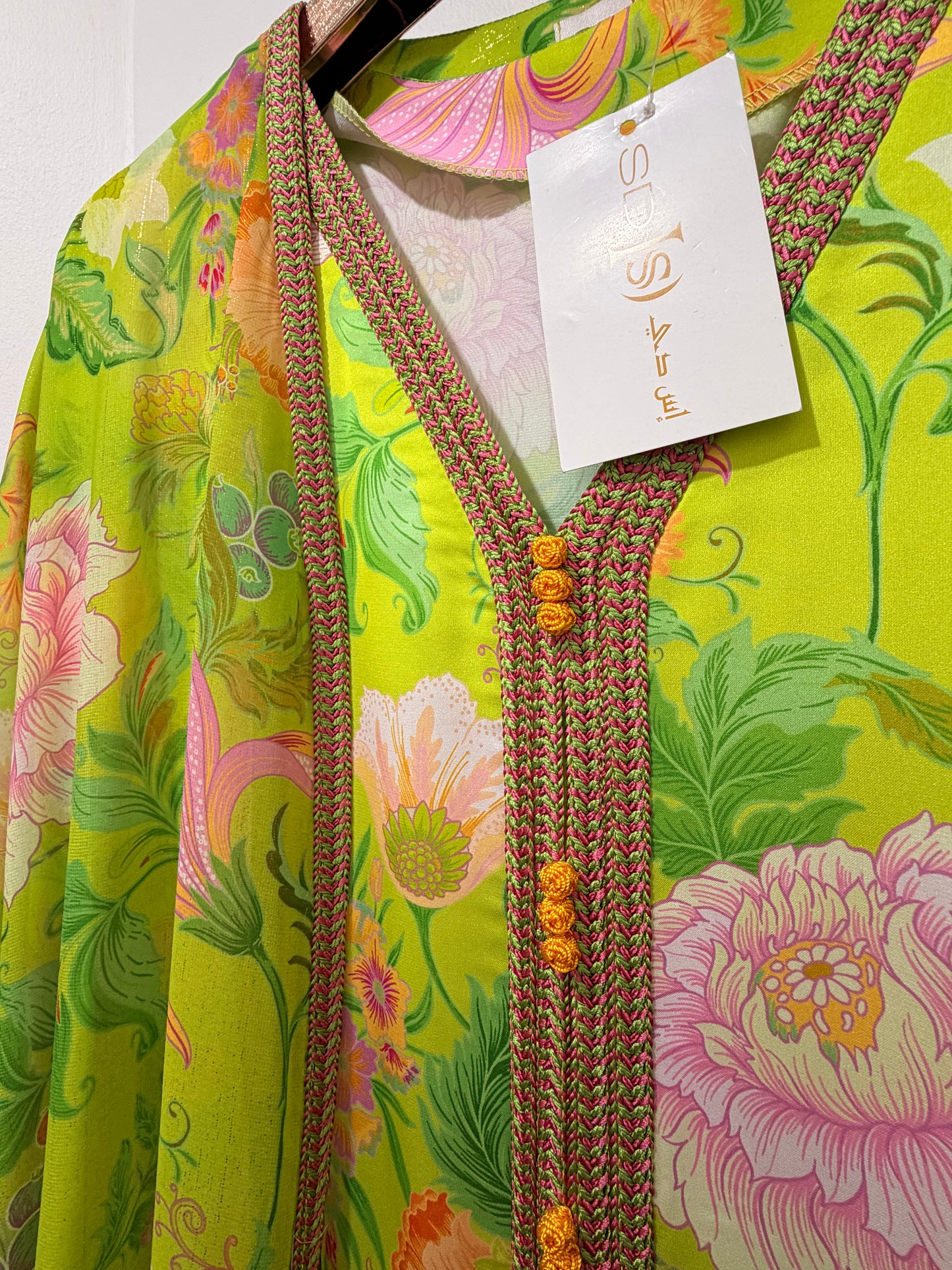 Lime Floral Kaftan with Handcrafted Trim