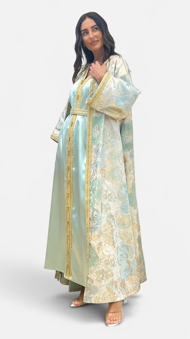 Mint Green Two-Piece Moroccan Caftan with Inner Dress