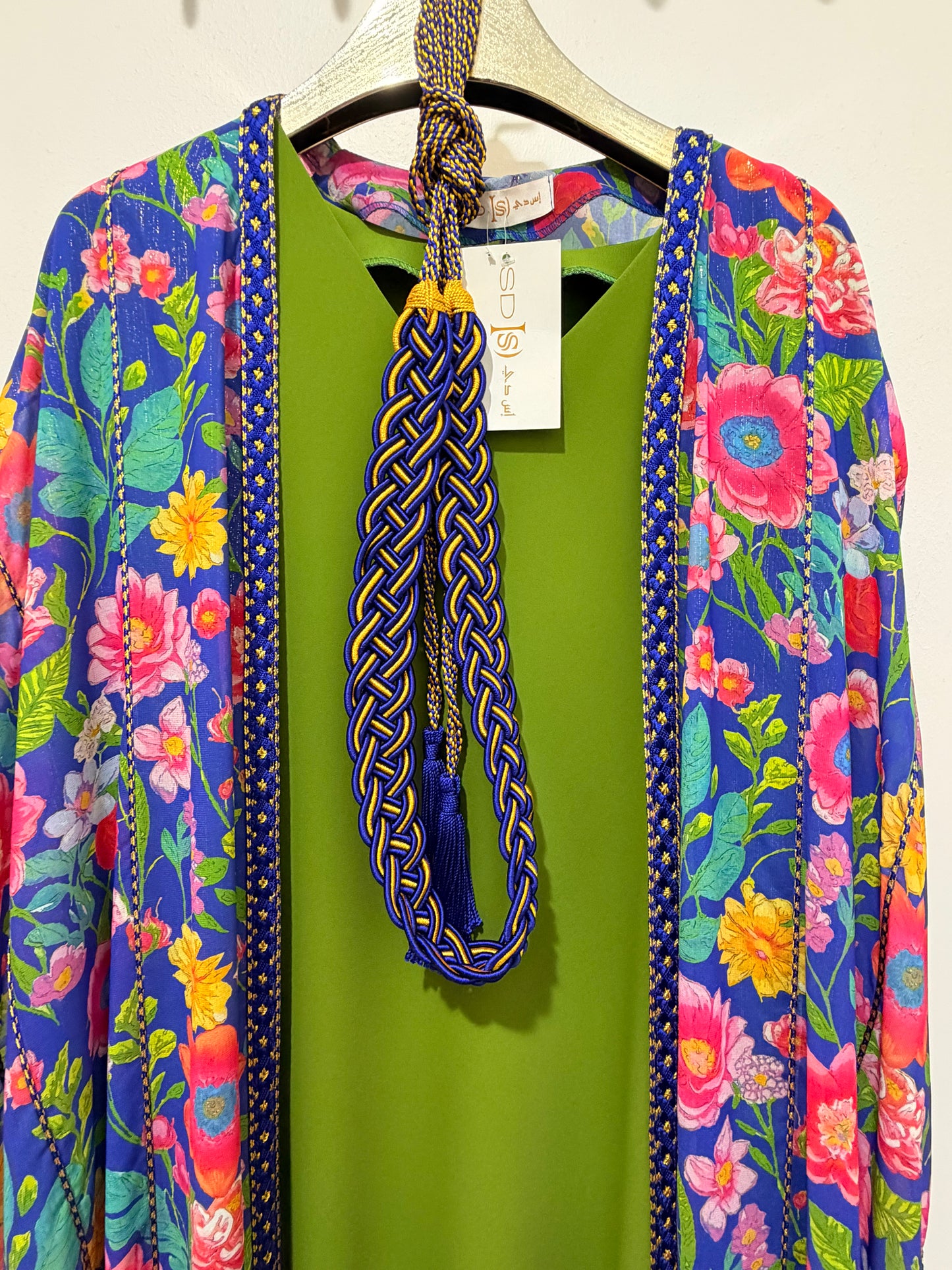 Floral Chiffon Caftan with Olive Green Inner Dress