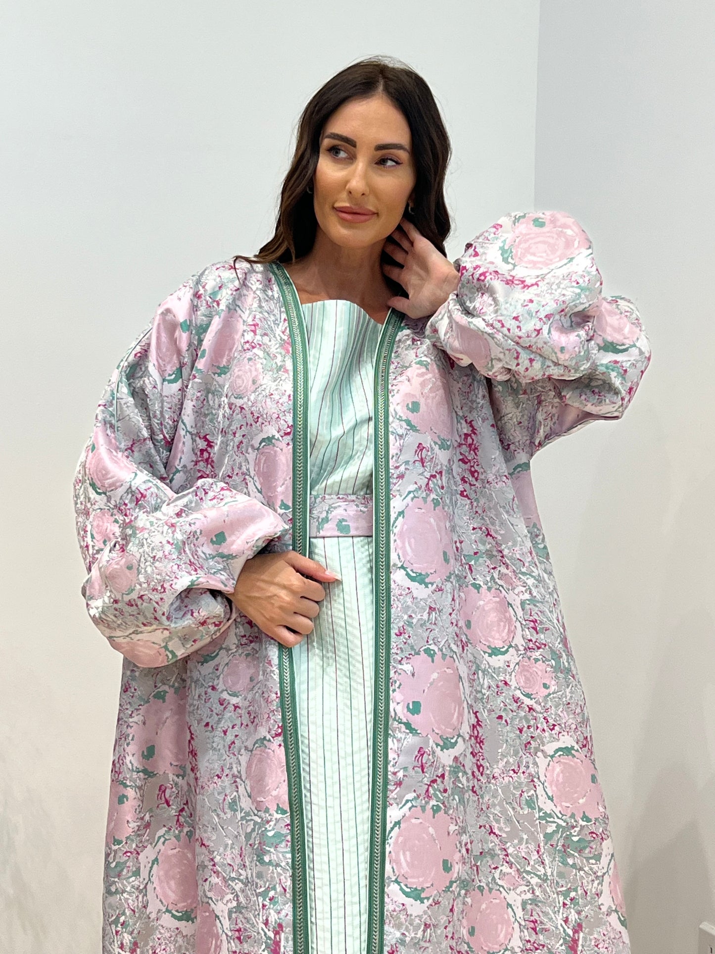 Pastel Floral Two-Piece Caftan with Inner Dress