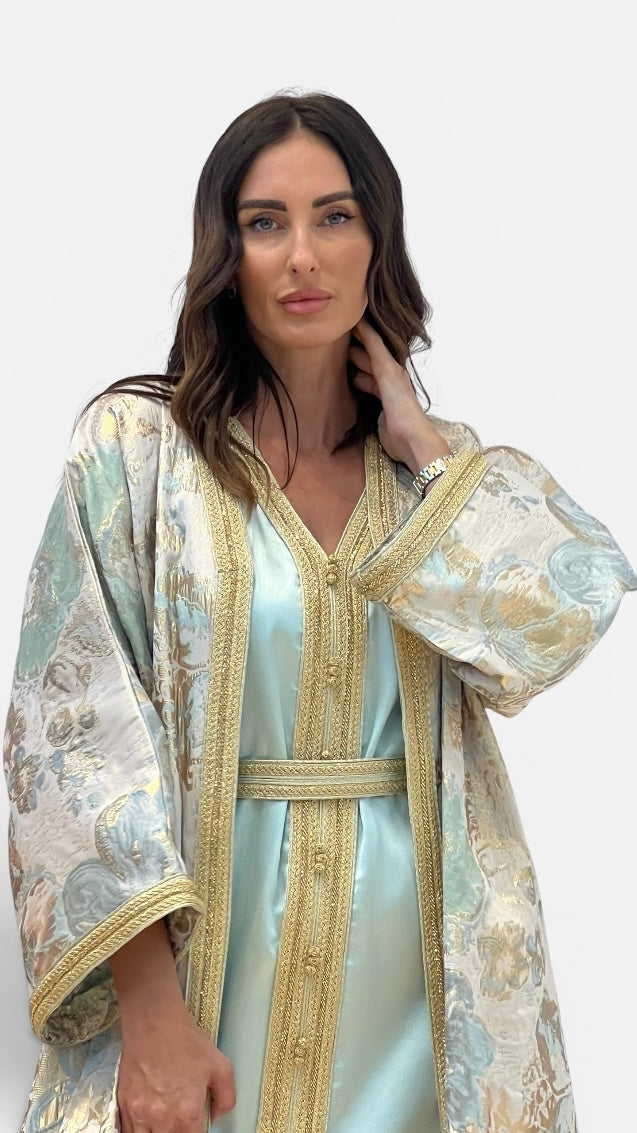 Mint Green Two-Piece Moroccan Caftan with Inner Dress