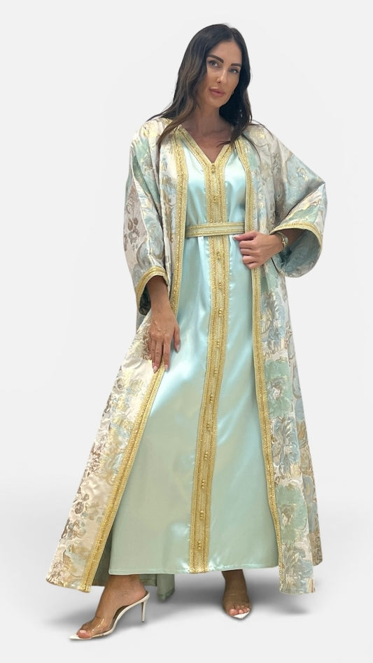 Mint Green Two-Piece Moroccan Caftan with Inner Dress