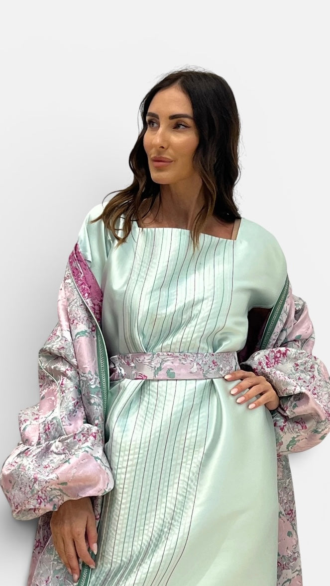 Pastel Floral Two-Piece Caftan with Inner Dress