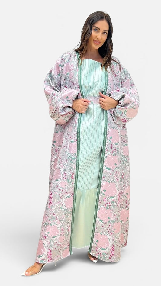 Pastel Floral Two-Piece Caftan with Inner Dress