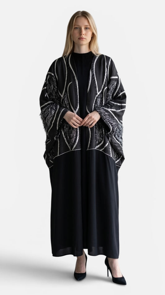 Black Silver Fringe Batwing Abaya
