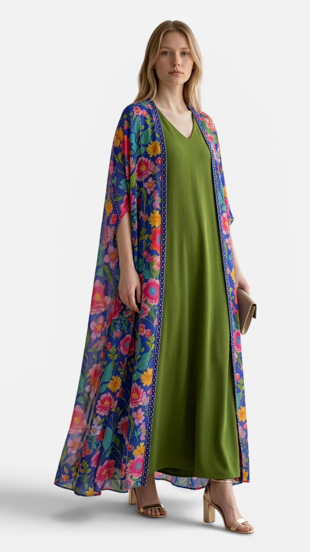 Floral Chiffon Caftan with Olive Green Inner Dress