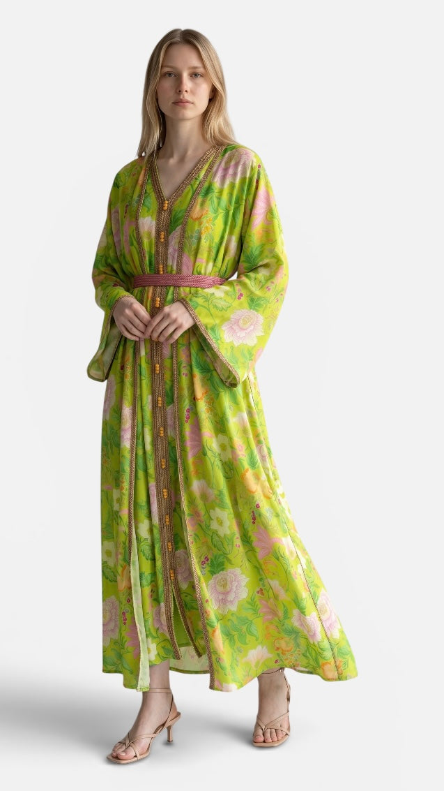 Lime Floral Kaftan with Handcrafted Trim
